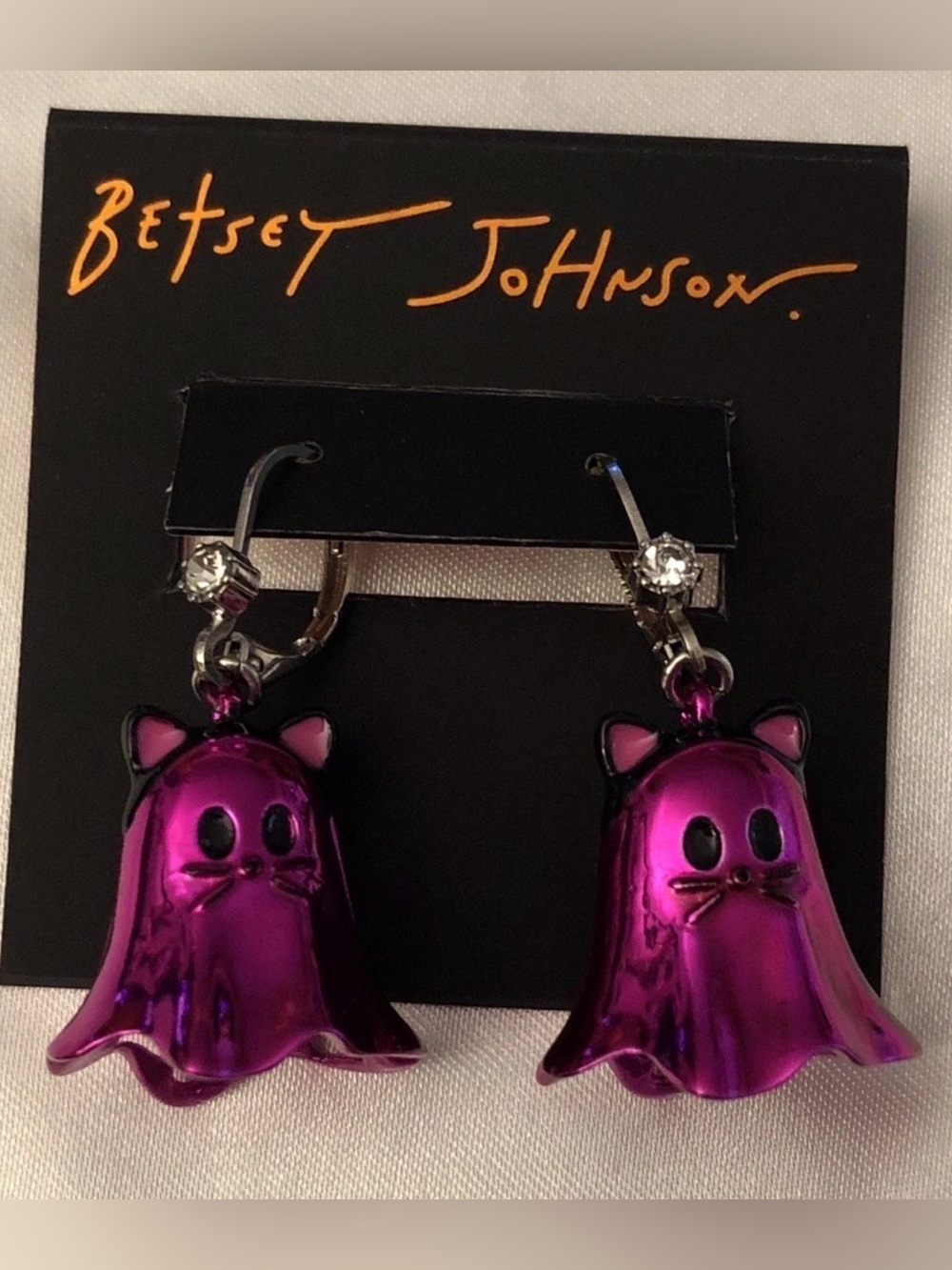 Betsey Johnson Hot Pink Metallic Ghost Cat Drop Earrings Crystal Accents NWT